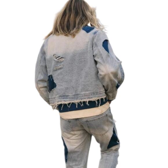 6th NBRHD Stripes Men’s Light Wash Distressed Denim Jacket XL Streetwear Y2K - Picture 3 of 13